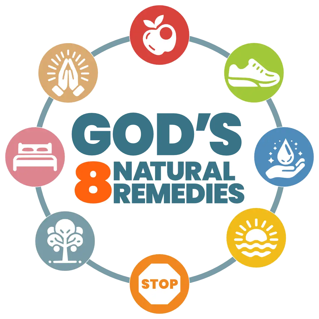 God’s 8 Natural Remedies: nutrition, exercise, water, sunlight, temperance, pure air, rest, and trust in God
